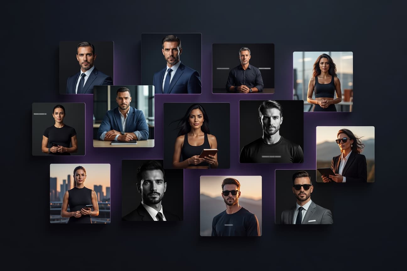 Cinematic collage of professional AI portraits generated with SelfAI – AI Photo Studio
