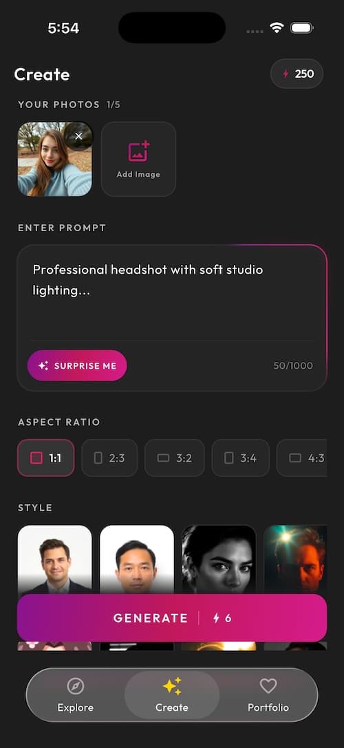 SelfAI AI Photo Studio app screenshot — AI headshot style picker