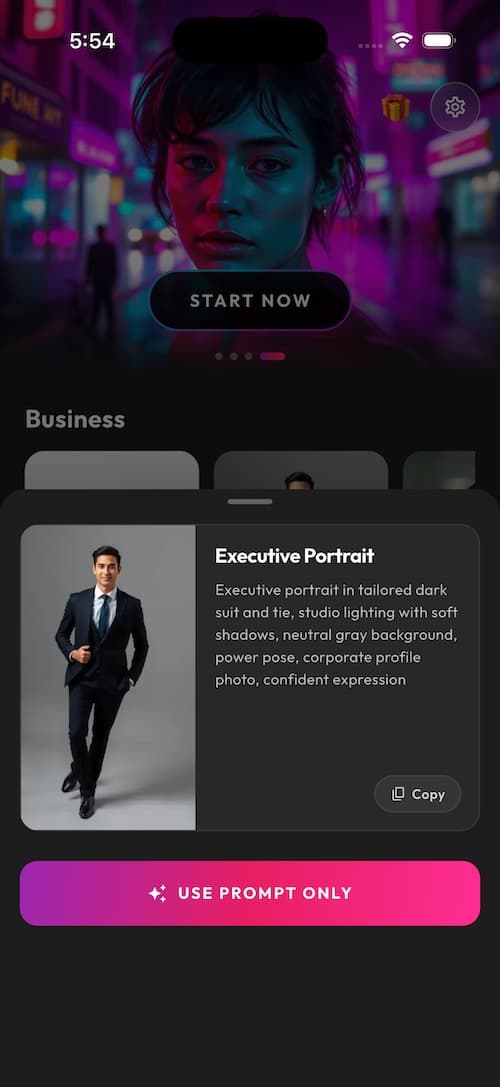 SelfAI AI Photo Studio app screenshot — generated AI portrait gallery