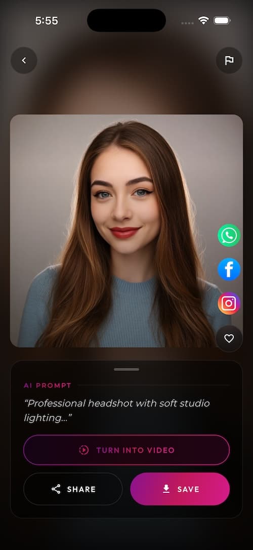 SelfAI AI Photo Studio app screenshot — saved profile picture results